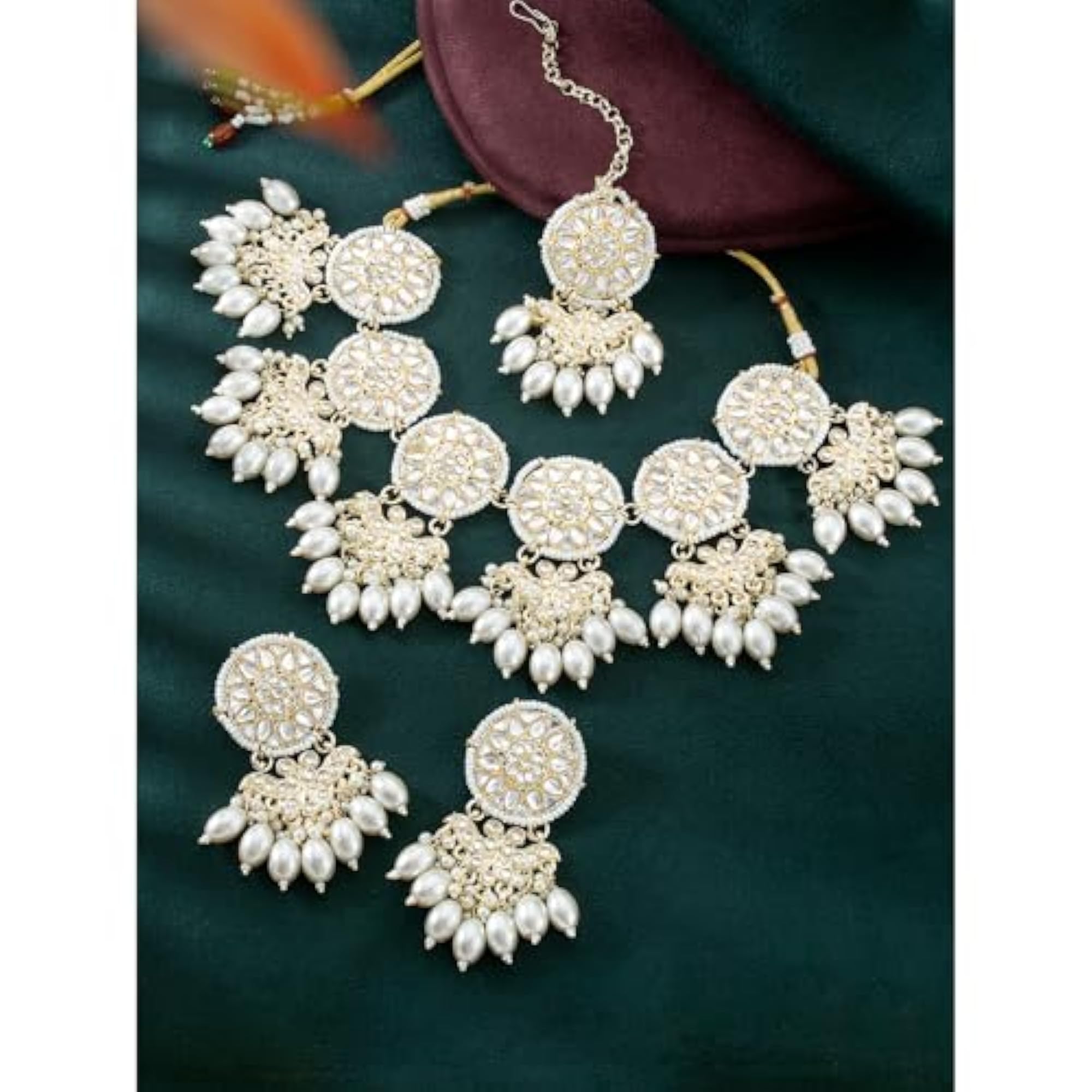 Kundan Beads Choker Set Maangtikka Earrings Ethnic Jewelry